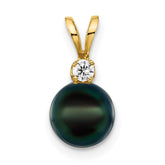 14k 7-8mm Black Round Akoya Saltwater Cultured Pearl and 1/20 Carat Diamond Pendant