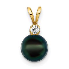 14k 7-8mm Black Round Akoya Saltwater Cultured Pearl and 1/20 Carat Diamond Pendant