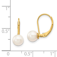 14k 6-7mm White Round Akoya Saltwater Cultured Pearl Leverback Earrings