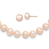 14k 7-8mm Pink Near-Round Freshwater Cultured Pearl 18 inch Necklace and Button Earring Set