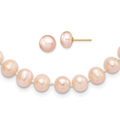 14k 7-8mm Pink Near-Round Freshwater Cultured Pearl 18 inch Necklace and Button Earring Set