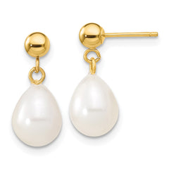 14k 7-8mm White Rice Freshwater Cultured Pearl 18 inch Necklace and Bead Post Dangle Earring Set