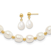 14k 7-8mm White Rice Freshwater Cultured Pearl 18 inch Necklace and Bead Post Dangle Earring Set