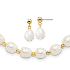 14k 7-8mm White Rice Freshwater Cultured Pearl 18 inch Necklace and Bead Post Dangle Earring Set