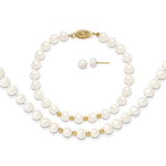 14k 6-7mm White Semi-Round Freshwater Cultured Pearl 18 inch Necklace/7.25 in Bracelet/Button Post Earrings Set