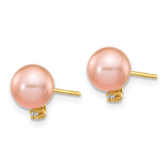14k 5-6mm Pink Round Freshwater Cultured Pearl and .02 Carat Diamond Post Earrings