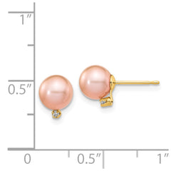 14k 5-6mm Pink Round Freshwater Cultured Pearl and .02 Carat Diamond Post Earrings