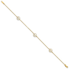 14k 7-8mm White Near-Round Freshwater Cultured Pearl 3-Station 7.25 inch Bracelet