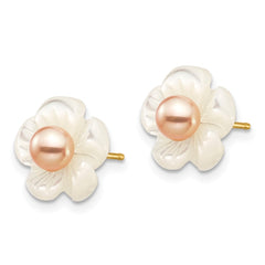 14k 3-4mm Pink Round Freshwater Cultured Pearl and 10mm White Mother of Pearl Flower Post Earrings