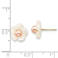 14k 3-4mm Pink Round Freshwater Cultured Pearl and 10mm White Mother of Pearl Flower Post Earrings