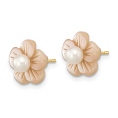 14k 3-4mm White Round Freshwater Cultured Pearl and Pink Mother of Pearl Flower Post Earrings