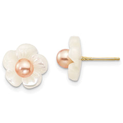 14k 3-4mm Pink Round Freshwater Cultured Pearl and 10mm White Mother of Pearl Flower Post Earrings