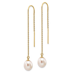 14k 7-8mm White Rice Freshwater Cultured Pearl Dangle Threader Earrings