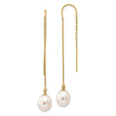 14k 7-8mm White Rice Freshwater Cultured Pearl Dangle Threader Earrings