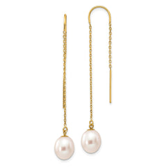 14k 7-8mm White Rice Freshwater Cultured Pearl Dangle Threader Earrings