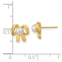 14k 3-4mm White Button Freshwater Cultured Pearl Bow Post Earrings