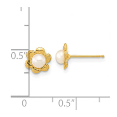14k 3-4mm White Button Freshwater Cultured Pearl Flower Post Earrings