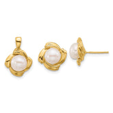 14k 6-7mm White Button Freshwater Cultured Pearl Post Earrings and Pendant Set