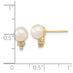 14k 6-7mm White Round Freshwater Cultured Pearl and .06 Carat Diamond Post Earrings - 2