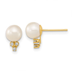 14k 6-7mm White Round Freshwater Cultured Pearl and .06 Carat Diamond Post Earrings - 2