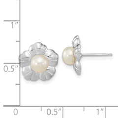 14k White Gold 5-6mm White Button Freshwater Cultured Pearl Flower Post Earrings