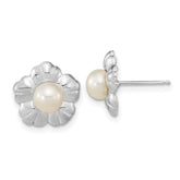 14k White Gold 5-6mm White Button Freshwater Cultured Pearl Flower Post Earrings