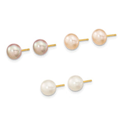 14k 6-7mm Multicolor Button Freshwater Cultured Pearl Boxed 3 Pair Post Earrings Set