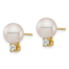 14k 8-9mm White Round Akoya Saltwater Cultured Pearl and 1/5 Carat Diamond Post Earrings