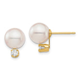 14k 8-9mm White Round Akoya Saltwater Cultured Pearl and 1/5 Carat Diamond Post Earrings