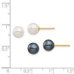 14k 6-7mm Black and White Round Freshwater Cultured Pearl 2 Pair Stud Post Earrings Set