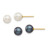 14k 6-7mm Black and White Round Freshwater Cultured Pearl 2 Pair Stud Post Earrings Set