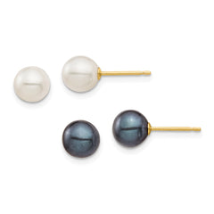 14k 6-7mm Black and White Round Freshwater Cultured Pearl 2 Pair Stud Post Earrings Set