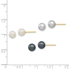 14k 6-6.5mm White, Grey and Black Round Freshwater Cultured Pearl 3 Pair Stud Post Earrings Set