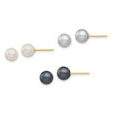 14k 6-6.5mm White, Grey and Black Round Freshwater Cultured Pearl 3 Pair Stud Post Earrings Set