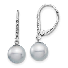 14k White Gold 8-9mm Grey Round Freshwater Cultured Pearl and .05 Carat Diamond Dangle Leverback Earrings