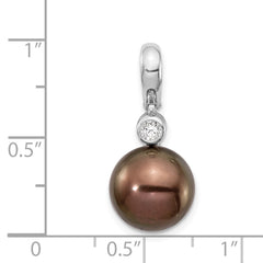 14k White Gold 10-11mm Black Round Tahitian Saltwater Cultured Pearl and .07 Carat Diamond Pendant