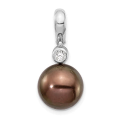 14k White Gold 10-11mm Black Round Tahitian Saltwater Cultured Pearl and .07 Carat Diamond Pendant