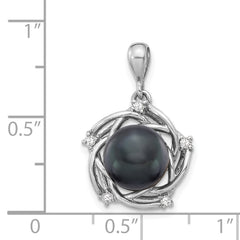 14k White Gold 8-9mm Black Round Tahitian Saltwater Cultured Pearl and .075 Carat Diamond Pendant