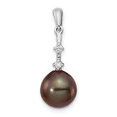 14k White Gold 8-9mm Black Teardrop Tahitian Saltwater Cultured Pearl and .04 Carat Diamond Pendant