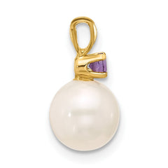 14k 7-7.5mm White Round Freshwater Cultured Pearl and .07AM Amethyst Pendant