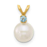14k 7-7.5mm White Round Freshwater Cultured Pearl and .09BT Swiss Blue Topaz Pendant