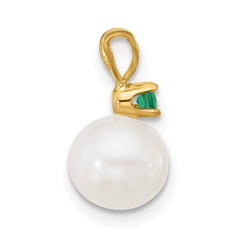 14k 7-7.5mm White Round Freshwater Cultured Pearl and .09EM Emerald Pendant