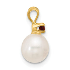 14k 7-7.5mm White Round Freshwater Cultured Pearl and .09GA Garnet Pendant