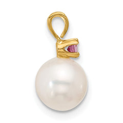 14k 7-7.5mm White Round Freshwater Cultured Pearl and .07PT Pink Topaz Pendant