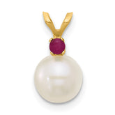 14k 7-7.5mm White Round Freshwater Cultured Pearl and .09RU Ruby Pendant
