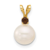 14k 7-7.5mm White Round Freshwater Cultured Pearl and .09SQ Smoky Quartz Pendant
