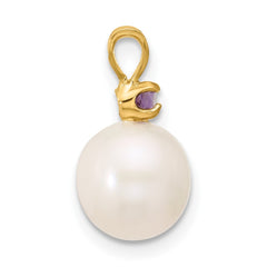 14k 8-8.5mm White Round Freshwater Cultured Pearl and .07AM Amethyst Pendant