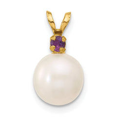 14k 8-8.5mm White Round Freshwater Cultured Pearl and .07AM Amethyst Pendant