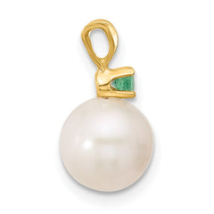 14k8-8.5mm White Round Freshwater Cultured Pearl and .09EM Emerald Pendant
