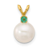 14k8-8.5mm White Round Freshwater Cultured Pearl and .09EM Emerald Pendant